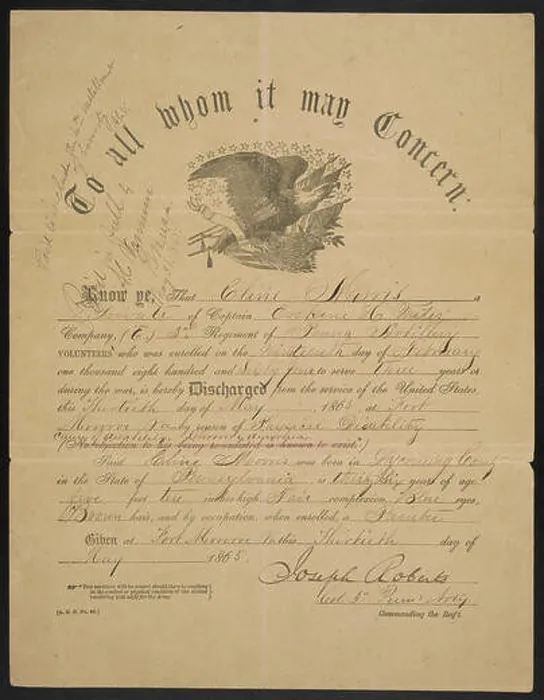 Framed Print : U.S. Government Certificate to Discharge Private Cline Morris from Co Framed Print : U.S. Government Certificate to Discharge Private Cline Morris from Co