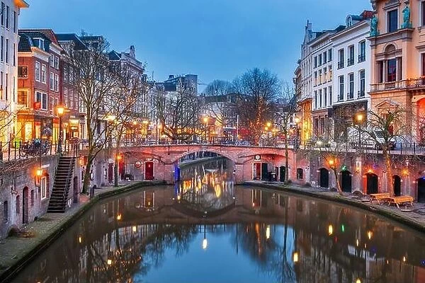 Utrecht, Netherlands canals and cityscape at twilight