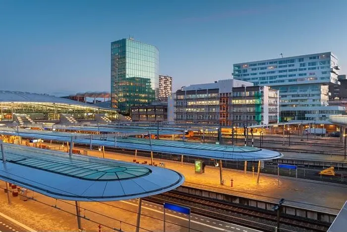 Framed Print : Utrecht, Netherlands cityscape over train station platforms at dawn Framed Print : Utrecht, Netherlands cityscape over train station platforms at dawn