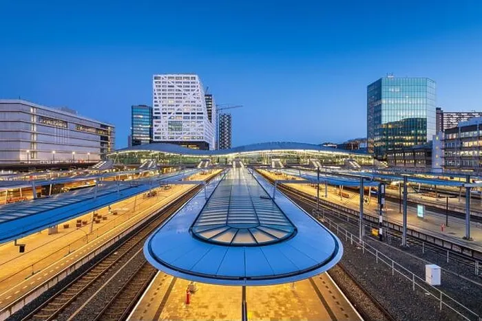 Framed Print : Utrecht, Netherlands cityscape over train station platforms at dawn Framed Print : Utrecht, Netherlands cityscape over train station platforms at dawn