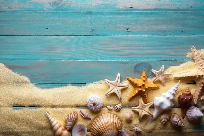 Framed Print : Vacations and summer time concept with starfish and sea shells on a turquoise wooden table with sand Framed Print : Vacations and summer time concept with starfish and sea shells on a turquoise wooden table with sand