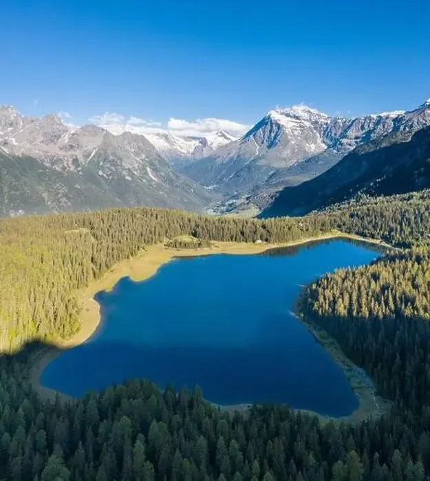 Framed Print : Valtellina, lake Palù in Valmalenco. Aerial view from a drone Framed Print : Valtellina, lake Palù in Valmalenco. Aerial view from a drone