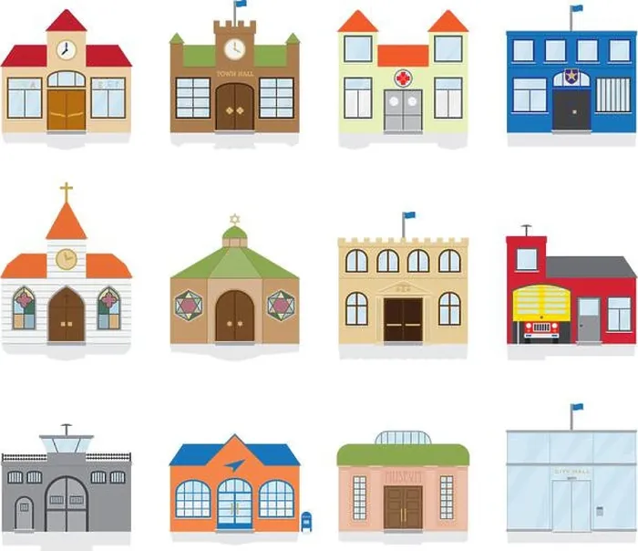 Framed Print : Variety of public building and institutions icons
