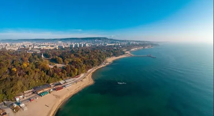 Framed Print : Varna, Bulgaria cityscape, aerial drone view over the city skyline Framed Print : Varna, Bulgaria cityscape, aerial drone view over the city skyline
