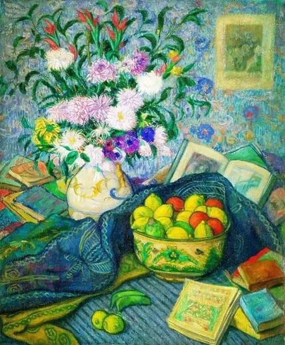 Framed Print : Vase with Bananas, Lemons and Books by the Spanish artist, Juan de Echevarría (1875-1931), oil on canvas, c. 1917 Framed Print : Vase with Bananas, Lemons and Books by the Spanish artist, Juan de Echevarría (1875-1931), oil on canvas, c. 1917