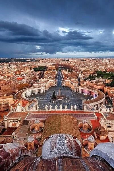 Vatican City, a city-state surrounded by Rome, Italy, from above at dusk