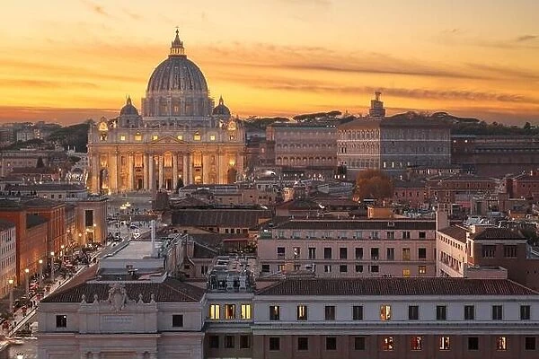 Vatican City skyline with St. Peter's Basilica during sunset