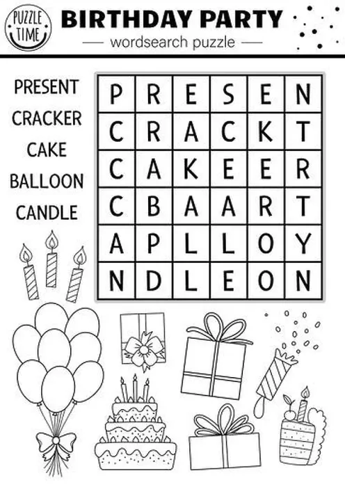 Framed Print : Vector black and white Birthday party wordsearch puzzle for kids Framed Print : Vector black and white Birthday party wordsearch puzzle for kids