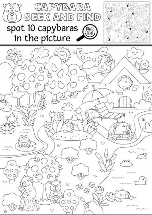 Framed Print : Vector black and white capybara searching game with summer landscape Framed Print : Vector black and white capybara searching game with summer landscape