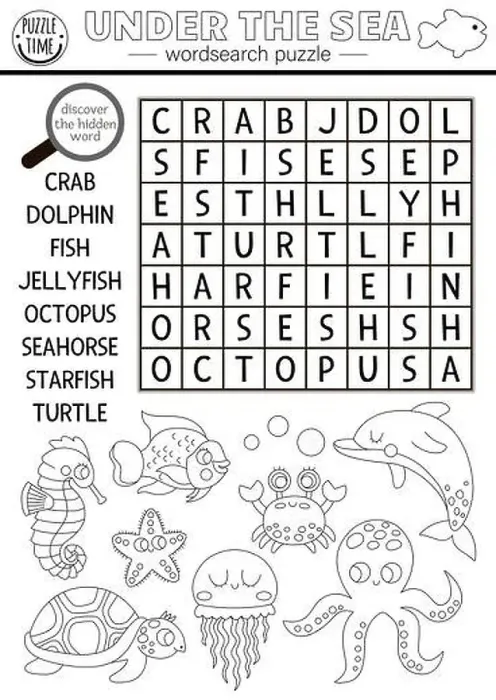 Framed Print : Vector black and white under the sea word search puzzle for kids Framed Print : Vector black and white under the sea word search puzzle for kids
