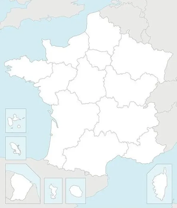 Framed Print : Vector blank map of France with regions and territories and administrative divisions