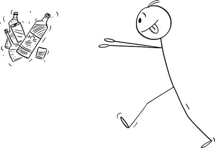 Framed Print : Vector cartoon stick figure drawing conceptual illustration of addicted man trying to get bottles of hard liquor or Framed Print : Vector cartoon stick figure drawing conceptual illustration of addicted man trying to get bottles of hard liquor or