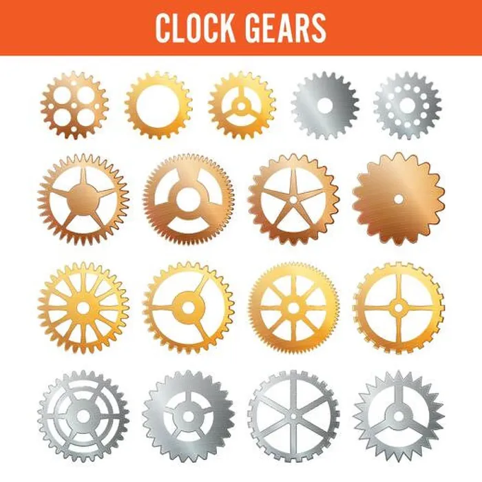 Framed Print : Vector Clock Gears. Metal Icons Isolated On White. Silver, Gold, Bronze