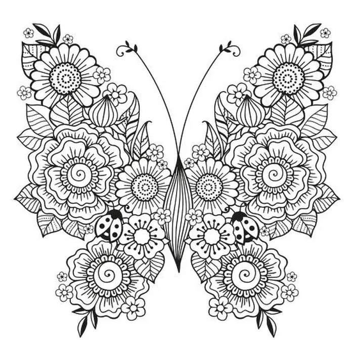 Framed Print : Vector coloring book page for adults. Black and white illustration of a beautiful butterfly from flowers Framed Print : Vector coloring book page for adults. Black and white illustration of a beautiful butterfly from flowers