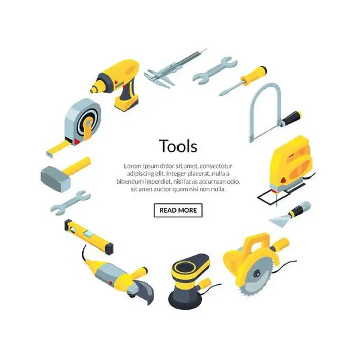 Framed Print : Vector construction tools isometric icons in circle form with place for text in center illustration