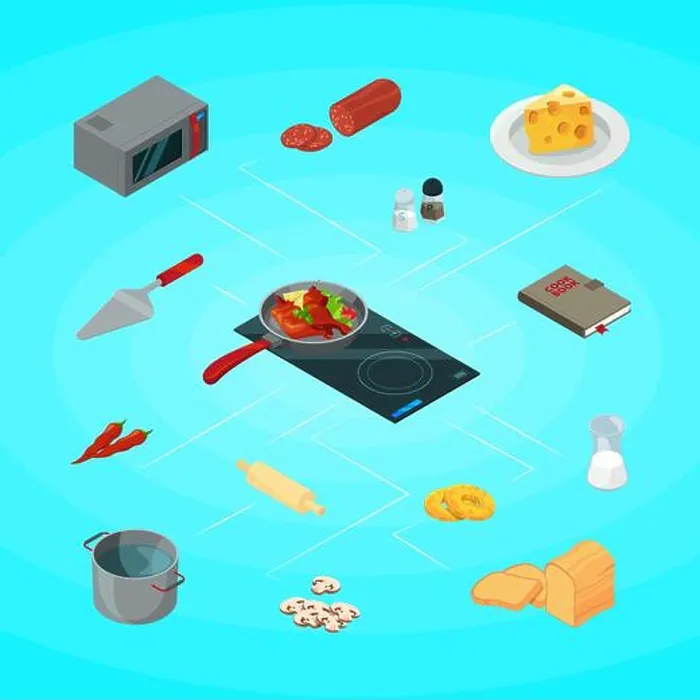 Framed Print : Vector cooking food isometric concept illustration. 3D meal Framed Print : Vector cooking food isometric concept illustration. 3D meal