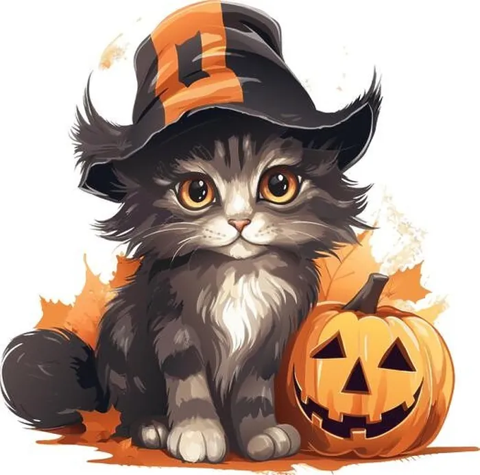 Framed Print : vector cute grey halloween cat. watercolor vector smiling pumpkin and grey cat. halloween cat and pumpkins on white background Framed Print : vector cute grey halloween cat. watercolor vector smiling pumpkin and grey cat. halloween cat and pumpkins on white background
