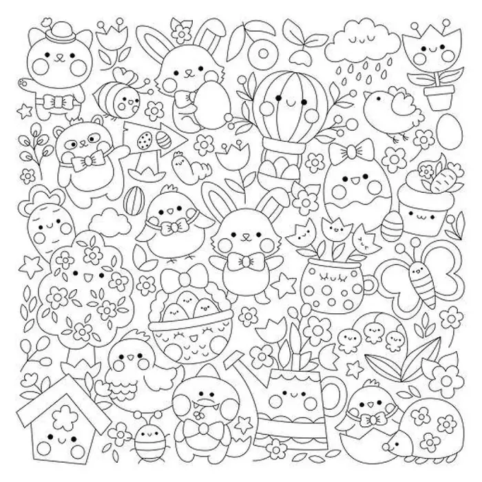Framed Print : Vector Easter square line coloring page for kids with cute kawaii characters Framed Print : Vector Easter square line coloring page for kids with cute kawaii characters