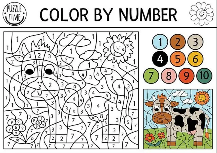 Framed Print : Vector on the farm color by number activity with cow in the meadow Framed Print : Vector on the farm color by number activity with cow in the meadow
