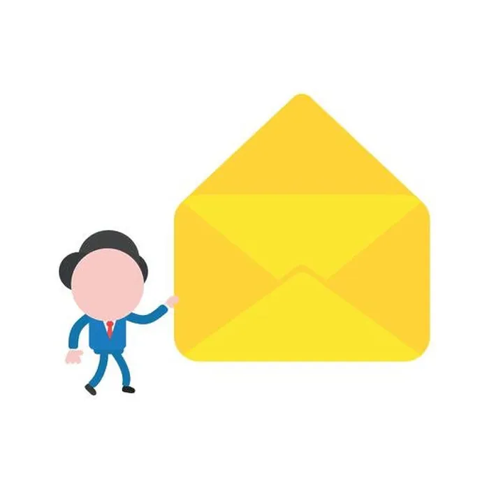 Framed Print : Vector illustration businessman character walking and holding open empty mail envelope Framed Print : Vector illustration businessman character walking and holding open empty mail envelope