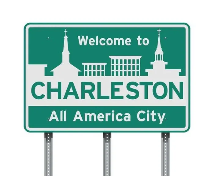 Framed Print : Vector illustration of the Welcome to Charleston green and white road sign Framed Print : Vector illustration of the Welcome to Charleston green and white road sign