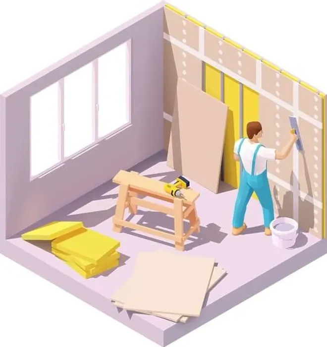 Framed Print : Vector isometric worker plastering wall Framed Print : Vector isometric worker plastering wall