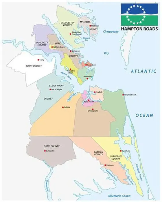 Framed Print : Vector map of Hampton Roads metropolitan area, Virginia, North Carolina, United States