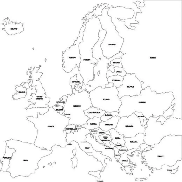 Framed Print : Vector outline map of Europe. Simplified vector map made of black state contours on white background with black Europe countries labels Framed Print : Vector outline map of Europe. Simplified vector map made of black state contours on white background with black Europe countries labels