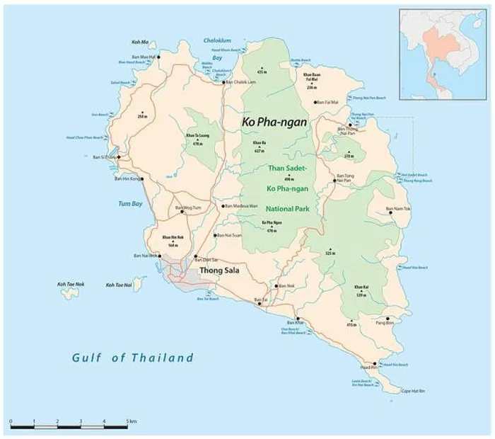 Framed Print : Vector road map of the Thai island of Ko Pha-ngan