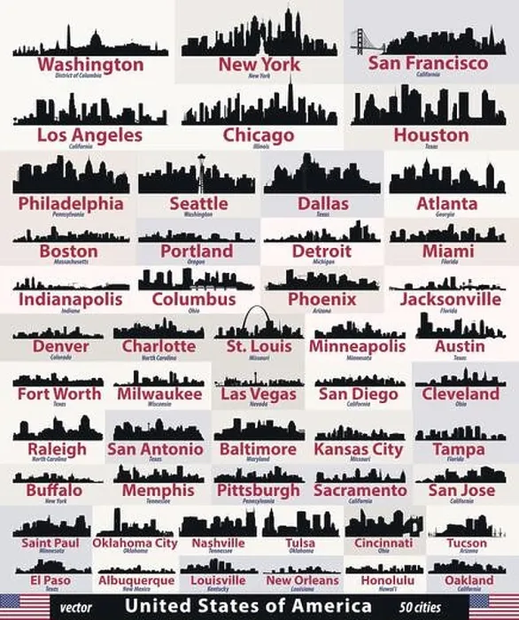 Framed Print : vector set of United States cities skylines silhouettes Framed Print : vector set of United States cities skylines silhouettes