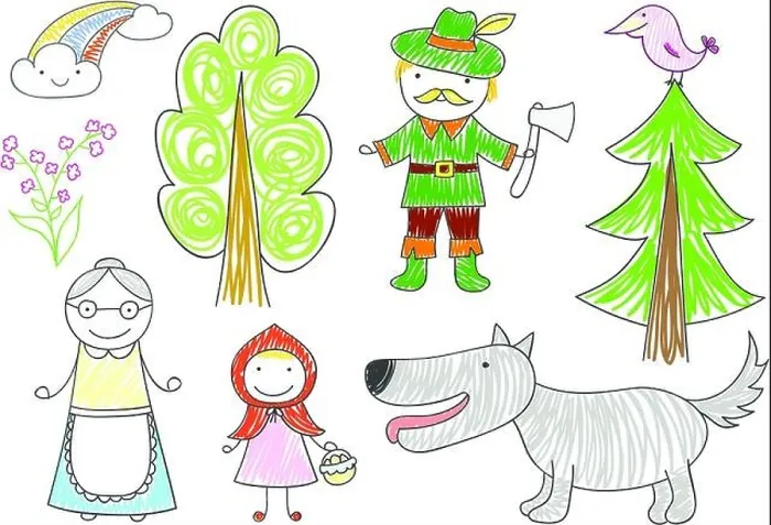 Framed Print : Vector sketches with characters of Little red riding hood fairy-tale - wolf, grandmother, girl and woodcutter. Kid drawing in doodle style Framed Print : Vector sketches with characters of Little red riding hood fairy-tale - wolf, grandmother, girl and woodcutter. Kid drawing in doodle style