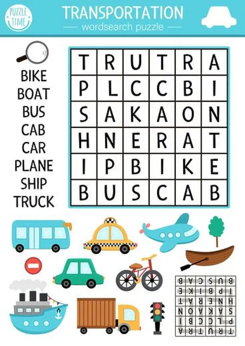 Framed Print : Vector transportation wordsearch puzzle for kids Framed Print : Vector transportation wordsearch puzzle for kids