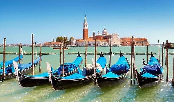 Venetian gondola, Grand Canal (Canal Grande) and San Giorgio Maggiore church in the background, Venice, Italy