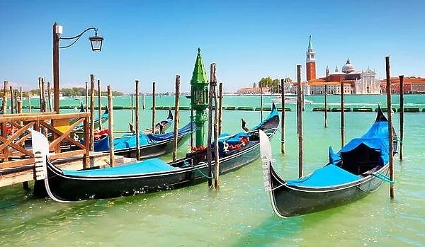 Venetian viewpoint - gondola on Grand Canal and San Giorgio Maggiore church, Venice, Italy, UNESCO