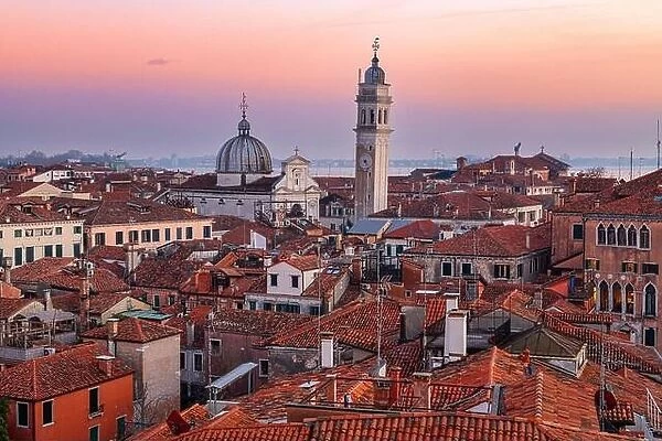 Venice; Italy rooftop skyline towards San Giorgio dei Greci and its leaning bell tower