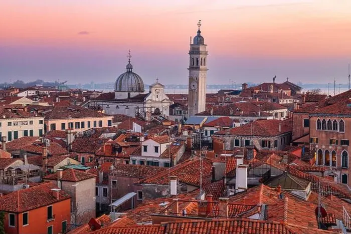 Framed Print : Venice; Italy rooftop skyline towards San Giorgio dei Greci and its leaning bell tower Framed Print : Venice; Italy rooftop skyline towards San Giorgio dei Greci and its leaning bell tower