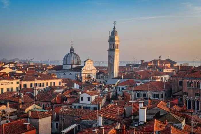 Framed Print : Venice; Italy rooftop skyline towards San Giorgio dei Greci and its leaning bell tower Framed Print : Venice; Italy rooftop skyline towards San Giorgio dei Greci and its leaning bell tower