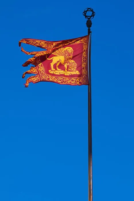 Framed Print : Venice republic Serenissima flag in the wind, clear blue sky in a sunny day Framed Print : Venice republic Serenissima flag in the wind, clear blue sky in a sunny day
