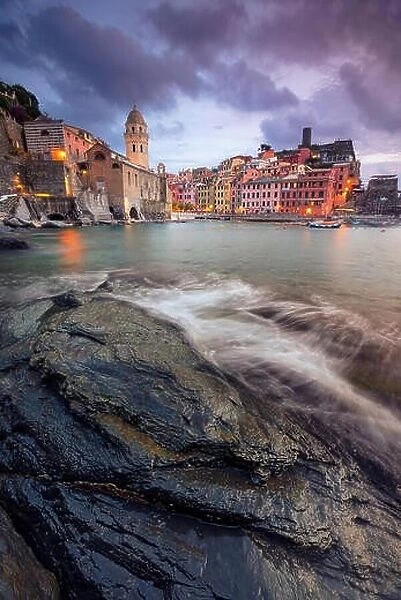 Vernazza, Italy. Cityscape image of Vernazza, Cinque Terre, Italy, during dramatic sunset