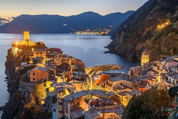 Vernazza, La Spezia, Liguria, Italy in the Cinque Terre region at dusk