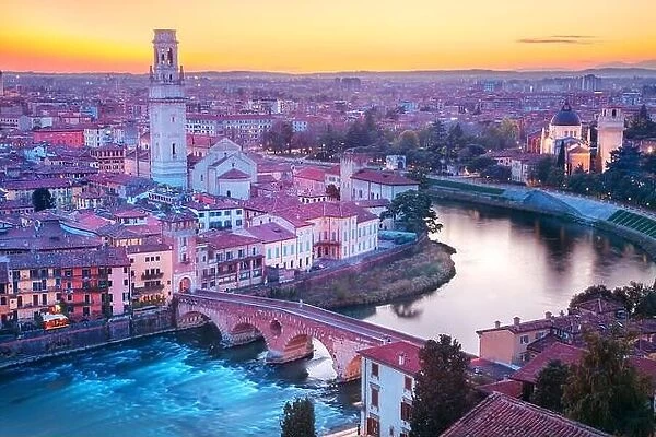 Verona, Italy. Aerial cityscape image of iconic Italian town Verona at sunset