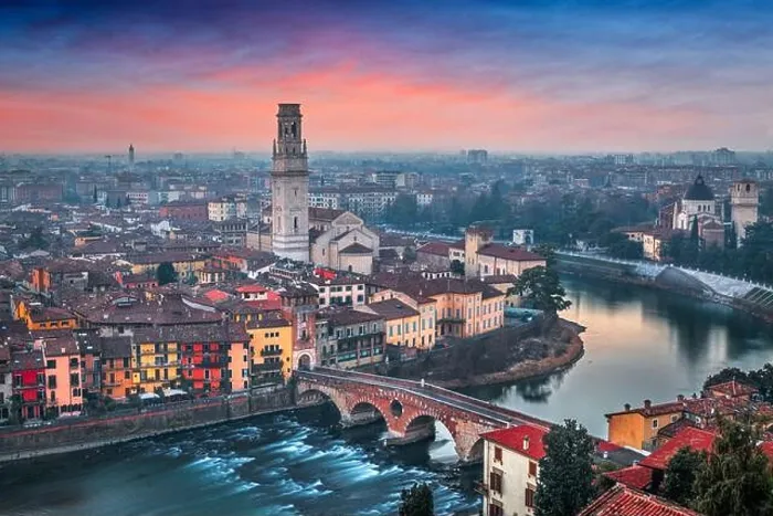 Framed Print : Verona, Italy town skyline on the Adige River at dusk Framed Print : Verona, Italy town skyline on the Adige River at dusk
