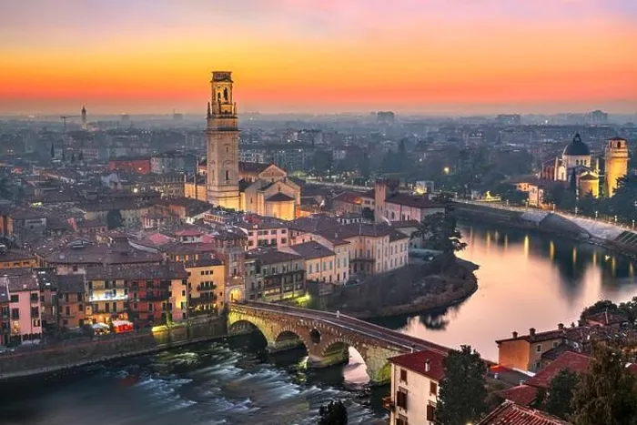 Framed Print : Verona, Italy town skyline on the Adige River at dusk Framed Print : Verona, Italy town skyline on the Adige River at dusk