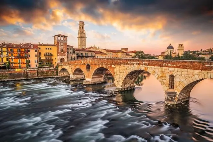 Framed Print : Verona, Italy Town Skyline on the Adige River with Ponte Pietra at dawn Framed Print : Verona, Italy Town Skyline on the Adige River with Ponte Pietra at dawn