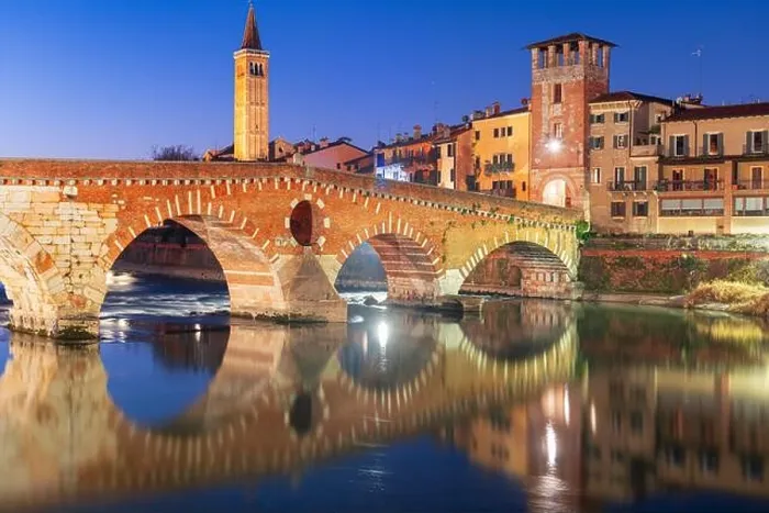 Framed Print : Verona, Italy Town Skyline on the Adige River with Ponte Pietra at night Framed Print : Verona, Italy Town Skyline on the Adige River with Ponte Pietra at night