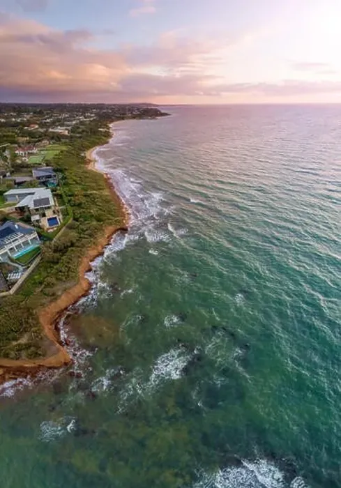 Framed Print : Vertical aerial panorama of Mornington Peninsula coastline in Melbourne, at sunset Framed Print : Vertical aerial panorama of Mornington Peninsula coastline in Melbourne, at sunset