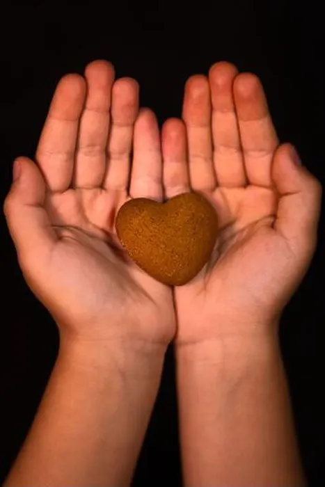 Framed Print : Vertical shot of a child's hands holding a heart-shaped cookie - human kindness concept Framed Print : Vertical shot of a child's hands holding a heart-shaped cookie - human kindness concept
