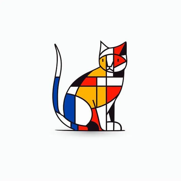 Framed Print : Vibrant abstract cat logo set in De Stijl style Framed Print : Vibrant abstract cat logo set in De Stijl style