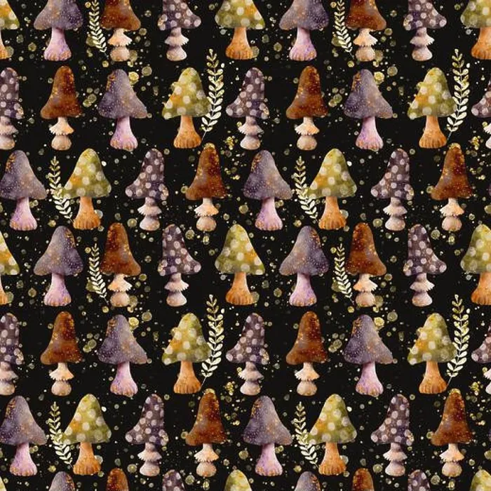 Framed Print : A vibrant and intricate pattern showcasing whimsical trees and playful mushrooms set against a dark background Framed Print : A vibrant and intricate pattern showcasing whimsical trees and playful mushrooms set against a dark background