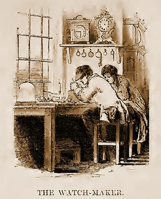 Framed Print : A Victorian English wash drawing showing a watch / clock maker at work Framed Print : A Victorian English wash drawing showing a watch / clock maker at work